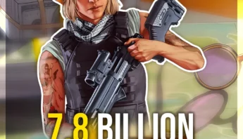 GTA Online PS5 7.8 Billion cash modded account banner—illustration of armed character over stacks of money promoting maximum in-game money boost for Grand Theft Auto V Expanded & Enhanced on PlayStation 5.