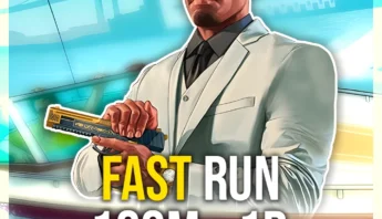 GTA 5 Online fast-run modded account artwork—character upgrade with 100–500M cash plus permanent 4× fast run for PS4/PS5 and Xbox.