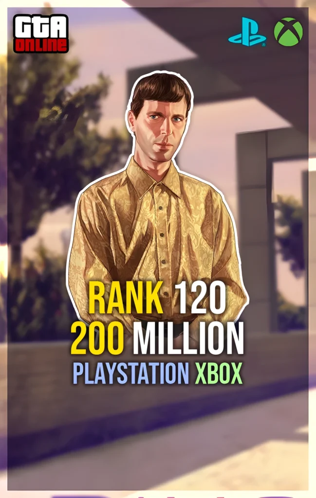 GTA Online Rank 120, 200 Million cash modded account banner—stylized male character in gold shirt against luxury estate backdrop—PlayStation and Xbox upgrade package for Grand Theft Auto V.