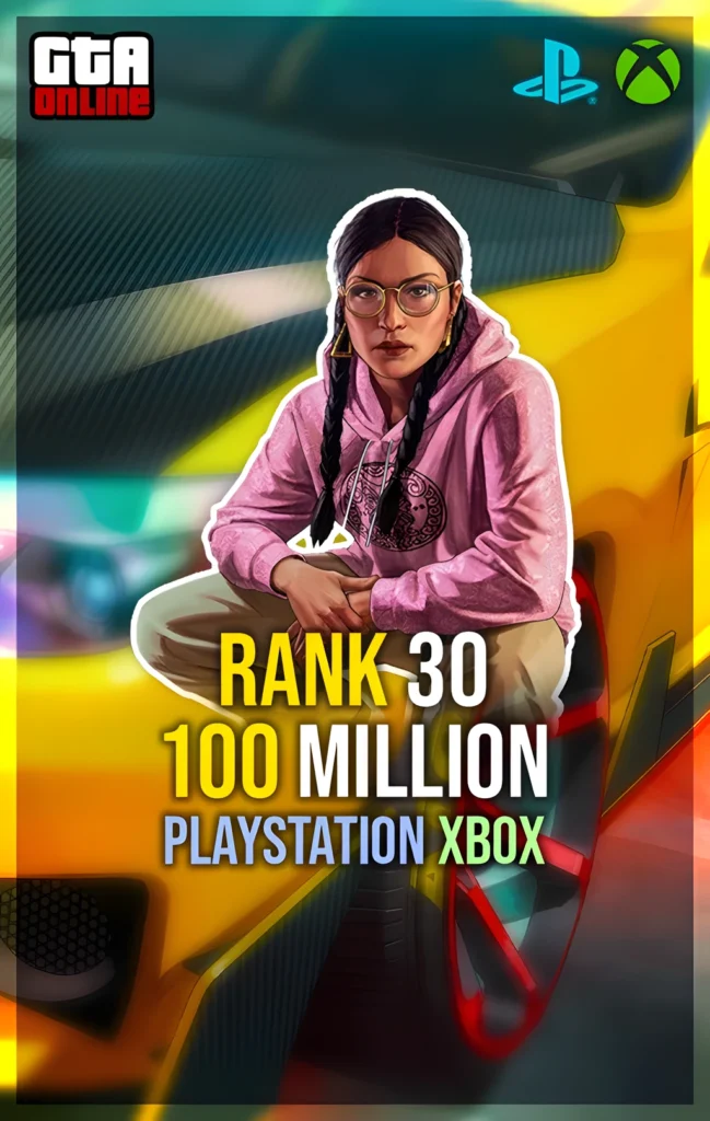 GTA Online Rank 30, 100 Million cash modded account banner—female character in pink hoodie sitting on a yellow supercar wheel—starter money boost package for Grand Theft Auto V on PlayStation and Xbox.