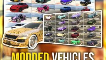 GTA Online PC modded cars collection collage of custom supercars, SUVs and tuners with rare wheels and liveries for GTA V on Windows.