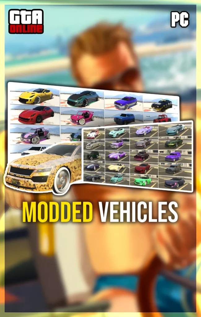 GTA Online PC modded cars collection collage of custom supercars, SUVs and tuners with rare wheels and liveries for GTA V on Windows.