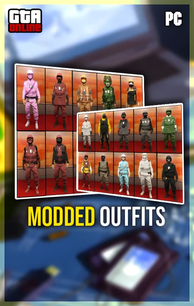 GTA Online PC modded outfits pack gallery of tactical clothing presets and themed suits for Grand Theft Auto V characters on Windows.