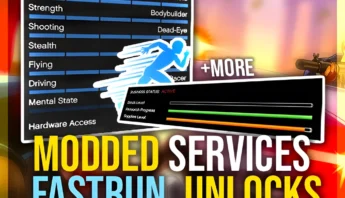 GTA Online PC modded services Fast Run activation, maxed character stats, full unlocks (skills, awards, research) and additional account upgrades for Grand Theft Auto V on Windows.