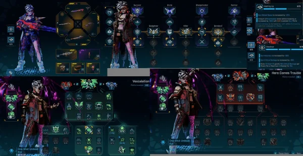 Borderlands 4 Bullet Witch Vex build skill trees and loadout screen, showing skill point allocation, class mod, and gear for the strongest sniper build.