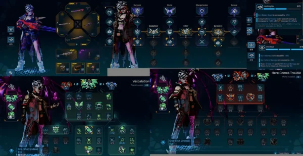 Borderlands 4 Bullet Witch Vex build skill trees and loadout screen, showing skill point allocation, class mod, and gear for the strongest sniper build.
