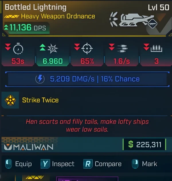 Borderlands 4 Legendary Heavy Weapon Ordnance Bottled Lightning, level 50, with 11,136 DPS, 6,960 damage, and Strike Twice effect. High shock elemental damage for heavy launcher builds.