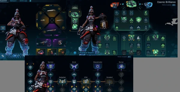 Borderlands 4 Green Tree Harlowe Build skill tree and full loadout with weapons, shield, class mod, repkit, and grenade equipped.