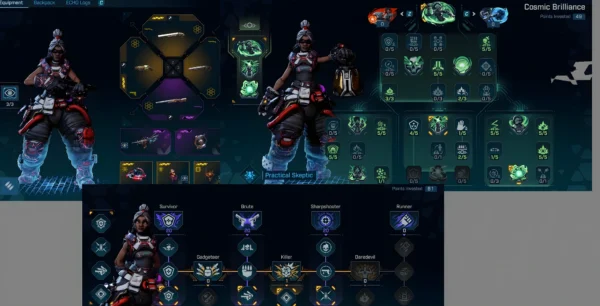 Borderlands 4 Green Tree Harlowe Build skill tree and full loadout with weapons, shield, class mod, repkit, and grenade equipped.