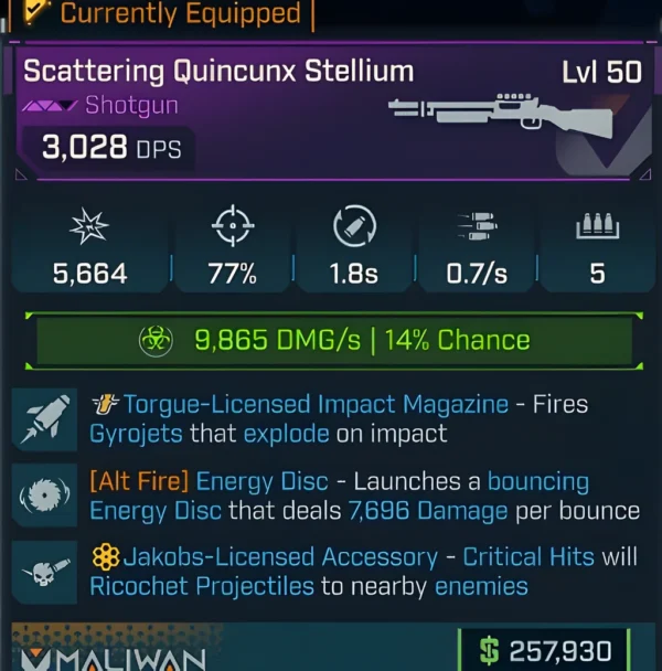 Borderlands 4 shotgun stats screen showing Scattering Quincunx Stellium with elemental bonuses, alt fire Energy Disc, and ricochet projectile effect.