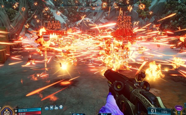 Borderlands 4 gameplay screenshot showing massive grenade explosion with critical damage numbers filling the screen as multiple enemies are destroyed.