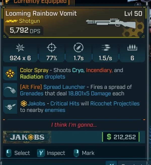 Borderlands 4 Looming Rainbow Vomit Shotgun – fires Cryo, Incendiary, and Radiation droplets, with Spread Launcher grenades and Jakobs ricochet critical hits.