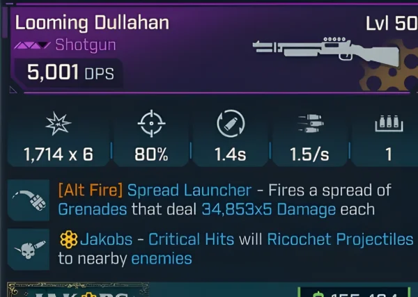 Borderlands 4 Looming Dullahan Shotgun Level 50 with Spread Launcher grenade alt fire and Jakobs ricochet critical hits