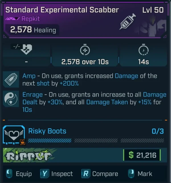 Borderlands 4 Standard Experimental Scabber Repkit – grants +200% amp shot damage and +30% enrage boost for 10 seconds, top healing support item.