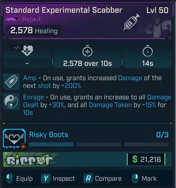 Borderlands 4 Standard Experimental Scabber Repkit – grants +200% amp shot damage and +30% enrage boost for 10 seconds, top healing support item.