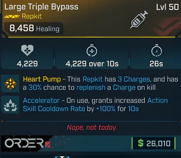 Borderlands 4 Large Triple Bypass Repkit Level 50 with Heart Pump 3 charges and Accelerator cooldown boost