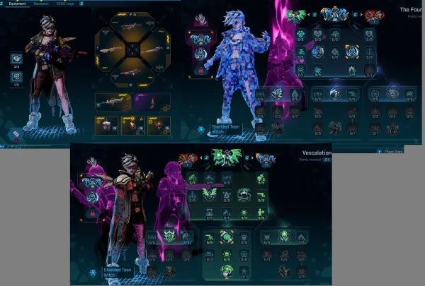 Borderlands 4 Vex Build character screen showing equipped weapons, class mod 'Shielded Teen Witch', legendary shield, and enhancement. Skill trees are displayed with heavy investment into purple and green branches, emphasizing shield synergy, crit chance, and damage stacking.