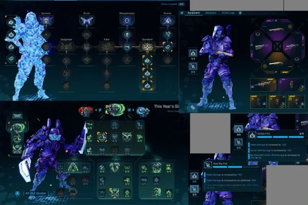Borderlands 4 in-game skill tree and inventory screen for Rafa’s Billion Melee Damage build. The skill trees highlight Action Fist and Reel Big Fist maxed out for massive melee boosts. The character loadout screen shows weapons and melee-focused gear with highlighted mods and repkits that amplify melee damage.