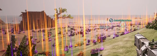Borderlands 4 screenshot showing hundreds of legendary and epic loot beams across a beach area after farming, with player gaining 200 XP.