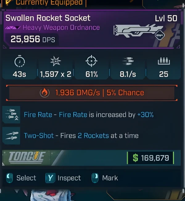 Borderlands 4 Legendary Swollen Rocket Socket, level 50 heavy weapon ordnance with 25,956 DPS, +30% fire rate, and Two-Shot effect firing two rockets per shot.