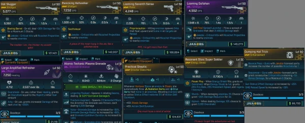 Borderlands 4 Green Tree Harlowe Build full gear set including Hot Slugger, Panicking Hellwalker, Looming Seventh Sense, Looming Dullahan, Large Amplified Refresher, Atomic Tectonic Plasma Grenade, Practical Skeptic Class Mod, Resonant Stoic Super Soldier shield, and Dumping Hat Trick enhancement.