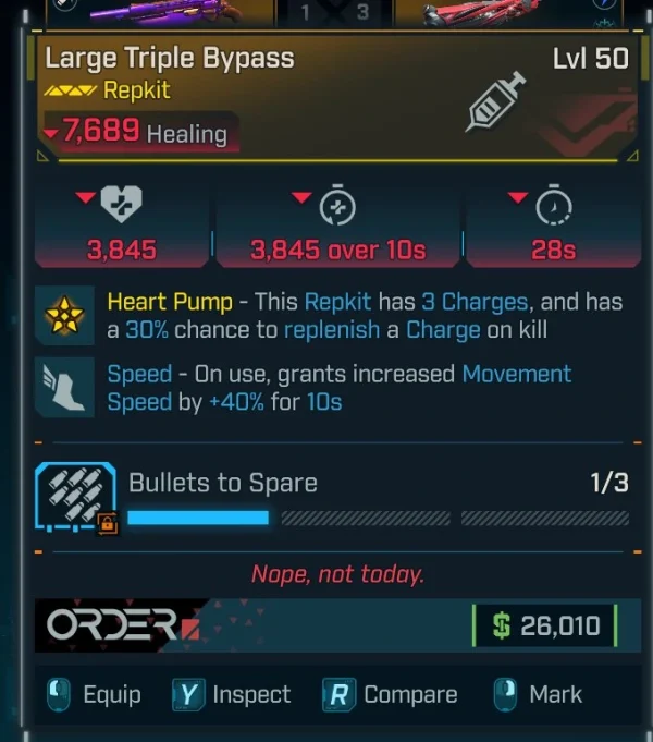Borderlands 4 Large Triple Bypass Repkit Level 50 with Heart Pump and +40% movement speed boost