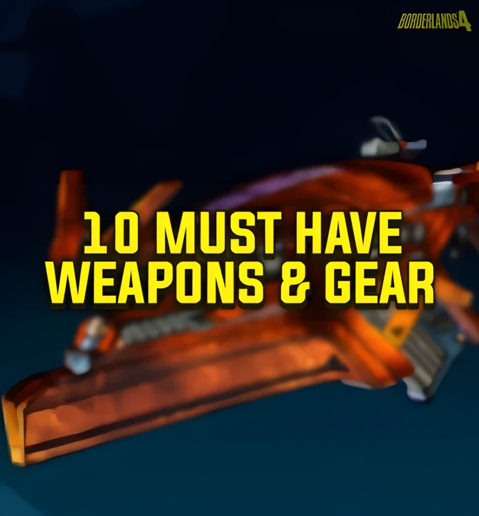 Borderlands 4 10 Must Have Weapons & Gear promotional image featuring a powerful red shotgun in the background