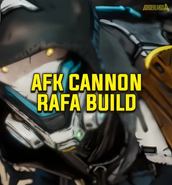 Borderlands 4 character Rafa in armored suit with text “AFK Cannon Rafa Build” in bold yellow letters.