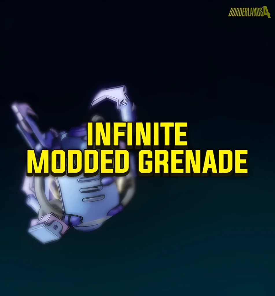 Borderlands 4 glowing grenade item showcase with text “Infinite Modded Grenade” in bold yellow letters.