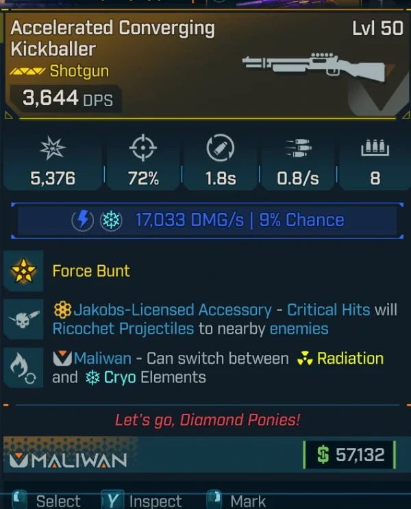 Borderlands 4 Accelerated Converging Kickballer Shotgun Level 50 with radiation and cryo elemental switch