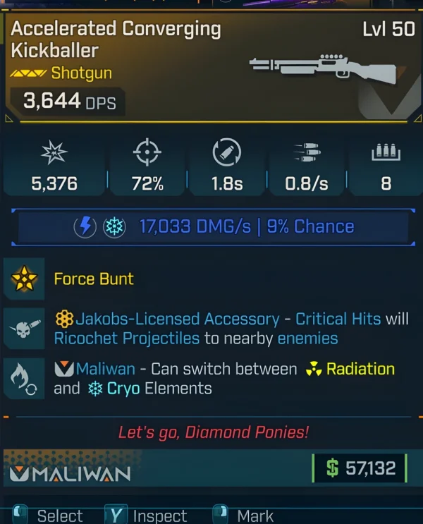 Borderlands 4 Accelerated Converging Kickballer Shotgun Level 50 with radiation and cryo elemental switch