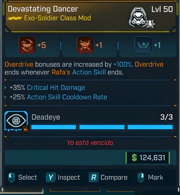 Borderlands 4 Devastating Dancer Exo-Soldier Class Mod Level 50 with +35% critical hit damage and +25% cooldown rate