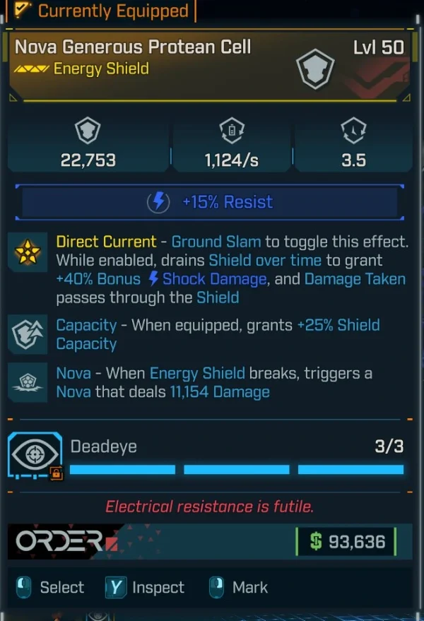 Borderlands 4 Nova Generous Protean Cell Energy Shield Level 50 with +25% shield capacity and Nova shock damage effect