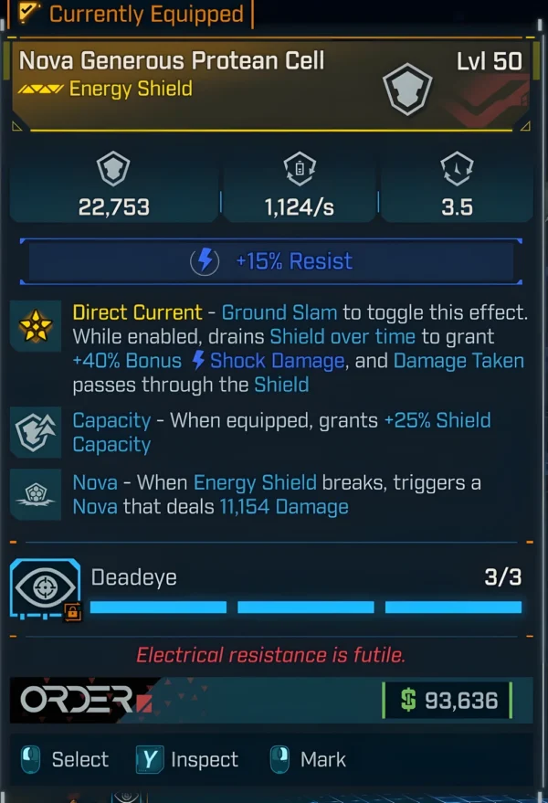 Borderlands 4 Nova Generous Protean Cell Energy Shield Level 50 with +25% shield capacity and Nova shock damage effect