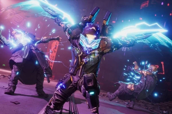 Borderlands 4 gameplay screenshot of Rafa activating dual energy blades mid-combat. Blue electric energy surges around him as he slashes enemies, knocking one back while another collapses. The scene emphasizes the power of the Billion Melee Damage build’s one-hit kill potential.