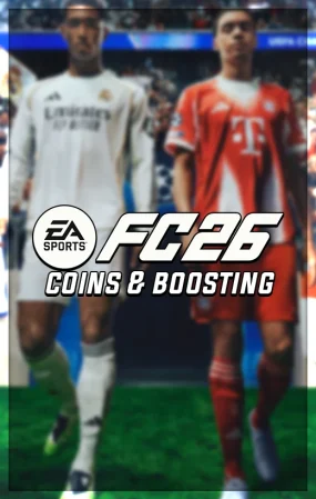 EA Sports FC 26 coins and boosting services with football players in Real Madrid and Bayern Munich kits, available for PlayStation, Xbox, and PC.
