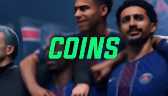 EA FC 26 Ultimate Team players celebrating with COINS text overlay, representing FC 26 coins for PlayStation, Xbox, and PC.