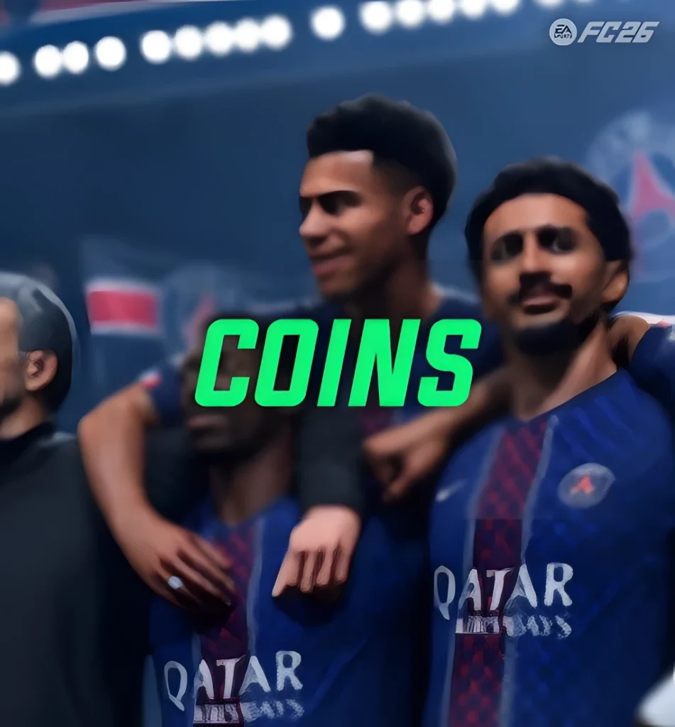 EA FC 26 Ultimate Team players celebrating with COINS text overlay, representing FC 26 coins for PlayStation, Xbox, and PC.