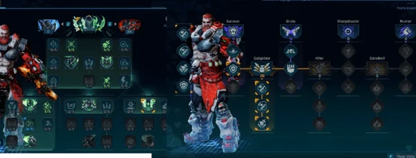 Borderlands 4 Amon character with skill tree points invested into green and blue trees. Gadgeteer specialization unlocked, optimized for heavy weapon cooldown and launcher spam build.