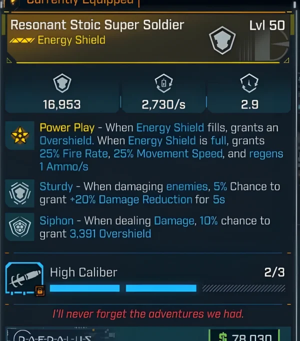 Borderlands 4 Resonant Stoic Super Soldier Shield – legendary energy shield with Overshield bonuses, +25% fire rate, movement speed, and ammo regen when full.