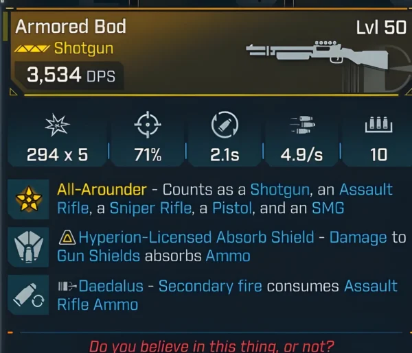 Borderlands 4 Armored Bod Shotgun Level 50 with All-Arounder ability, counts as multiple weapon types and Hyperion absorb shield