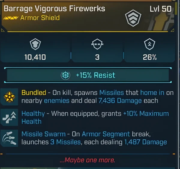Borderlands 4 Barrage Vigorous Firewerks Armor Shield Level 50 with missile swarm, health bonus, and resist effect