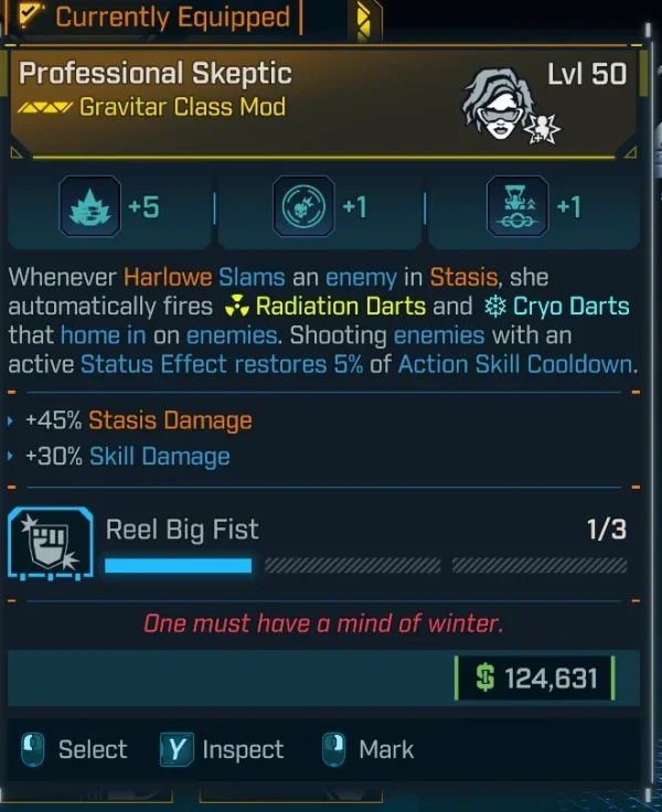 Borderlands 4 Professional Sceptic Class Mod – BIS Class Mod for Harlow with +5 Stasis, +1 modifiers, boosting Radiation and Cryo darts, +45% Stasis damage.