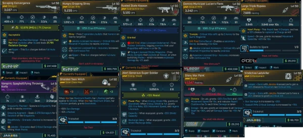 Borderlands 4 Vex Build inventory view highlighting equipped gear: Scrapping Convergence shotgun, Hungry Dripping Stray sniper rifle, Rusted State Kaosan SMG, Domino Municipal Lucian's Flank assault rifle, Large Triple Bypass repkit, Vampiric Spaghettifying Throwing Knife grenade, Shielded Teen Witch class mod, Alert Generous Super Soldier shield, Shiny War Paint repkit, and Vindictive Ladykiller enhancement. Each item shows detailed stats and special effects for crit and shield-based synergies."