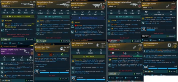 Borderlands 4 Vex Build inventory view highlighting equipped gear: Scrapping Convergence shotgun, Hungry Dripping Stray sniper rifle, Rusted State Kaosan SMG, Domino Municipal Lucian's Flank assault rifle, Large Triple Bypass repkit, Vampiric Spaghettifying Throwing Knife grenade, Shielded Teen Witch class mod, Alert Generous Super Soldier shield, Shiny War Paint repkit, and Vindictive Ladykiller enhancement. Each item shows detailed stats and special effects for crit and shield-based synergies."