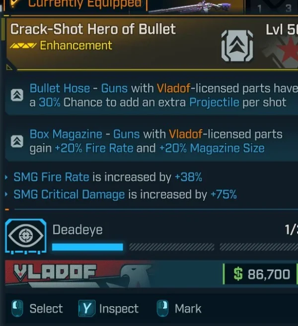 Borderlands 4 Crack-Shot Hero of Bullet Enhancement – boosts Vladof weapons, +20% fire rate and mag size, +38% SMG fire rate, +75% SMG crit damage.