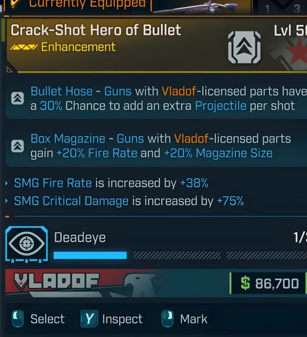 Borderlands 4 Crack-Shot Hero of Bullet Enhancement – boosts Vladof weapons, +20% fire rate and mag size, +38% SMG fire rate, +75% SMG crit damage.