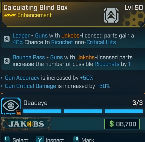 Borderlands 4 Calculating Blind Box Enhancement Level 50 with +50% gun accuracy and +50% critical damage