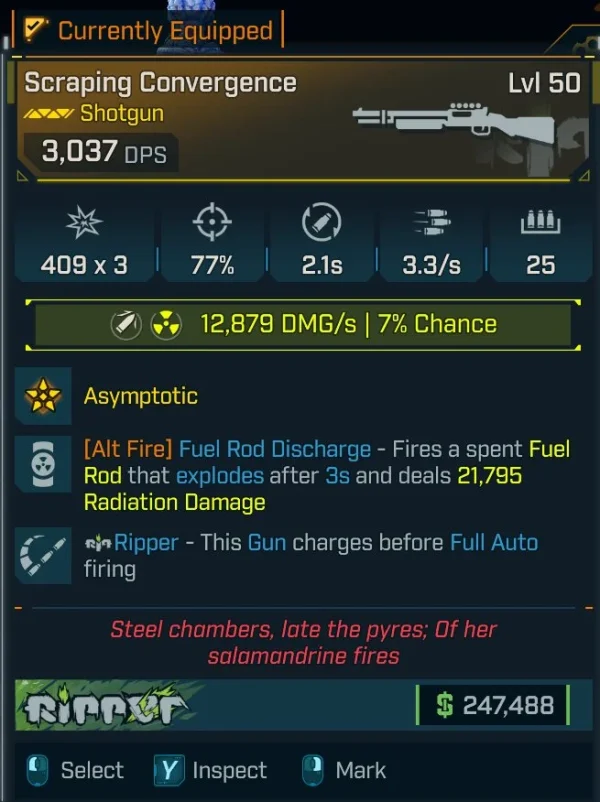 Borderlands 4 Scraping Convergence Shotgun – high-radiation damage shotgun with Fuel Rod alt fire, explosive burst damage, and full-auto firing charge mechanic.