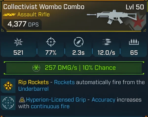 Borderlands 4 Collectivist Wombo Combo Assault Rifle Level 50 with Rip Rockets underbarrel and Hyperion accuracy boost